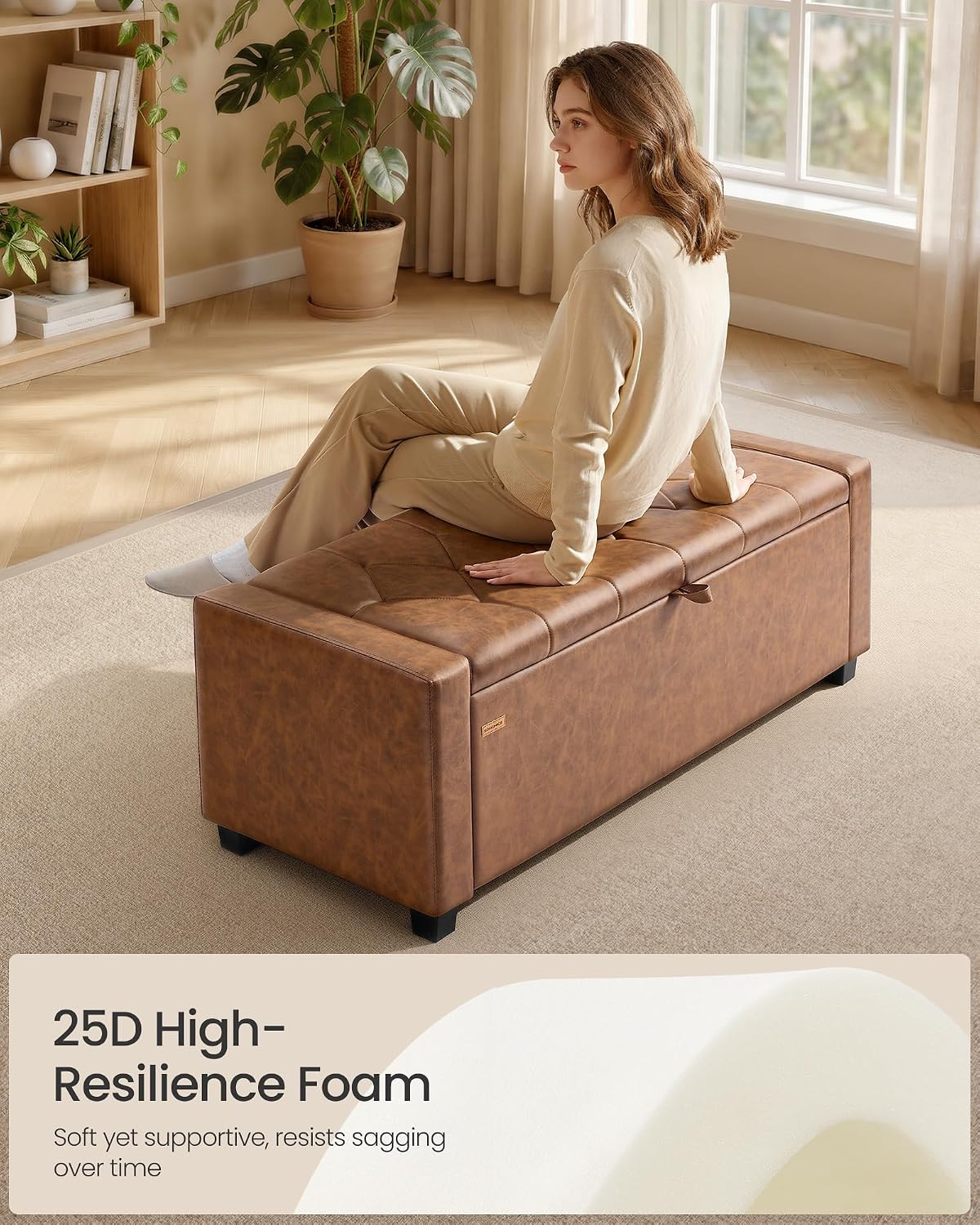 SONGMICS Storage Ottoman, Storage Chest Bench with Legs, End of Bed Bench with Safety Hinges, Pull Tab, for Living Room, Bedroom, 19.7 x 47.6 x 16.5 Inches, Synthetic Leather, Coffee Brown ULOM521KQ01
