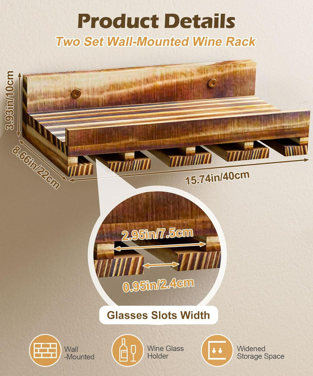 Homde Wall Mounted Wine Rack Set, 2 Pack Pine Wood Wine Racks with Glass Holder, Rustic Farmhouse Floating Bar Shelves for Liquor Bottles & Stemware for Home Bar/Kitchen/Living Room Decor