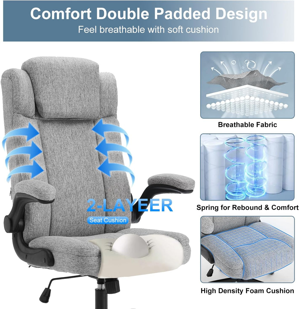 High Back Fabric Office Chair, Ergonomic Computer Desk Chair with Adjustable Headrest & Flip-up Armrests, 120° Tilt Rock Function, 400 lbs Weight Capacity for Home Office & Lumbar Support