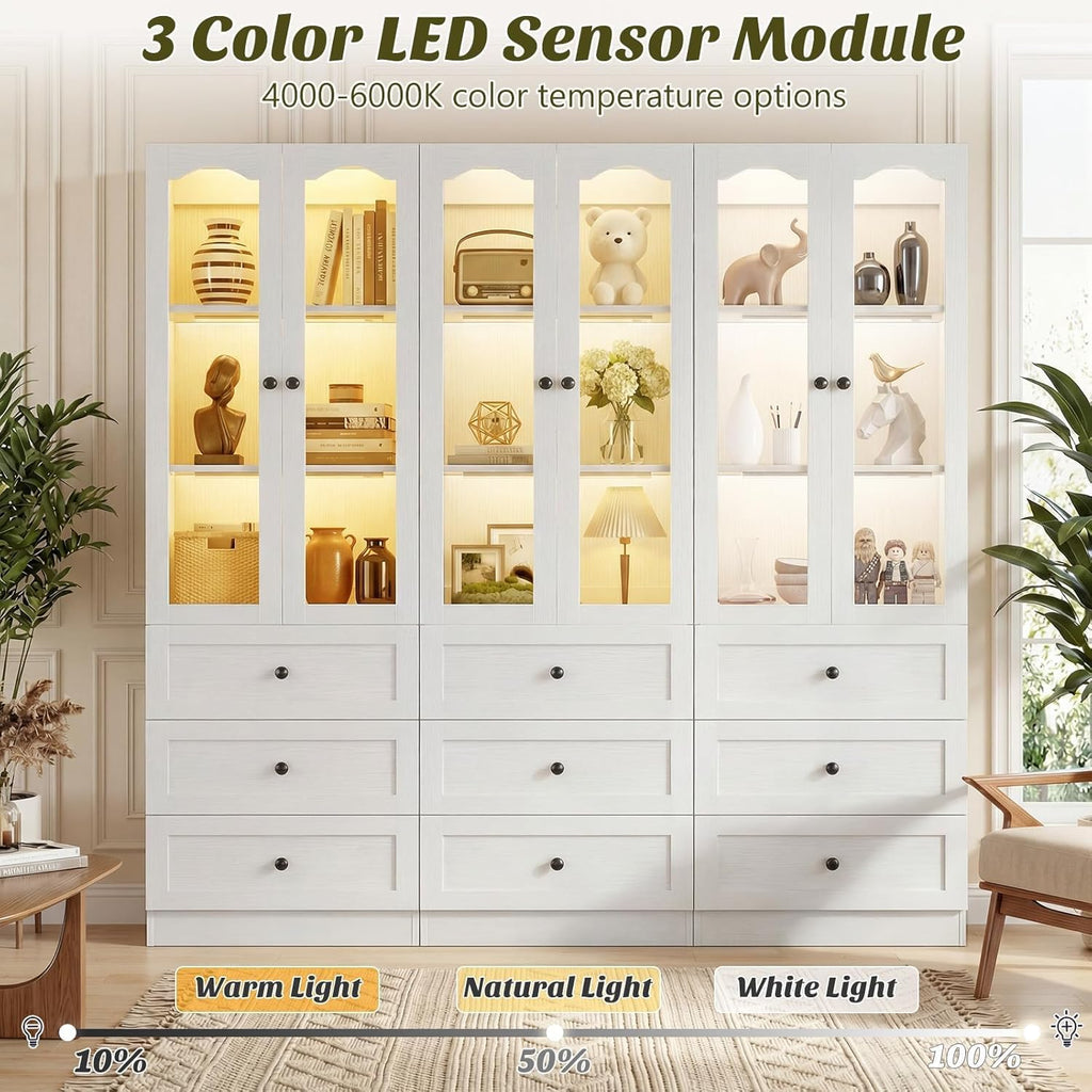 Cyclysio 80" Tall Pantry Cabinet, Kitchen Storage Cabinet with 3 Motion Sensor LED Lights, Arched Glass Doors, 3 Drawers, 3.15" Baseboard Cutout, White Pantry for Dining Room, Living Room