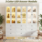Cyclysio 80" Tall Pantry Cabinet, Kitchen Storage Cabinet with 3 Motion Sensor LED Lights, Arched Glass Doors, 3 Drawers, 3.15" Baseboard Cutout, White Pantry for Dining Room, Living Room