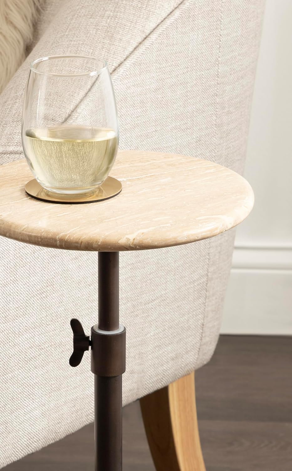 Kate and Laurel Engles Traditional Adjustable-Height Pedestal Drink Table, 10 x 10 x 30, Natural Travertine and Bronze, Round Metal Mini Table for Indoor Plant Stand with Authentic Stone Tabletop