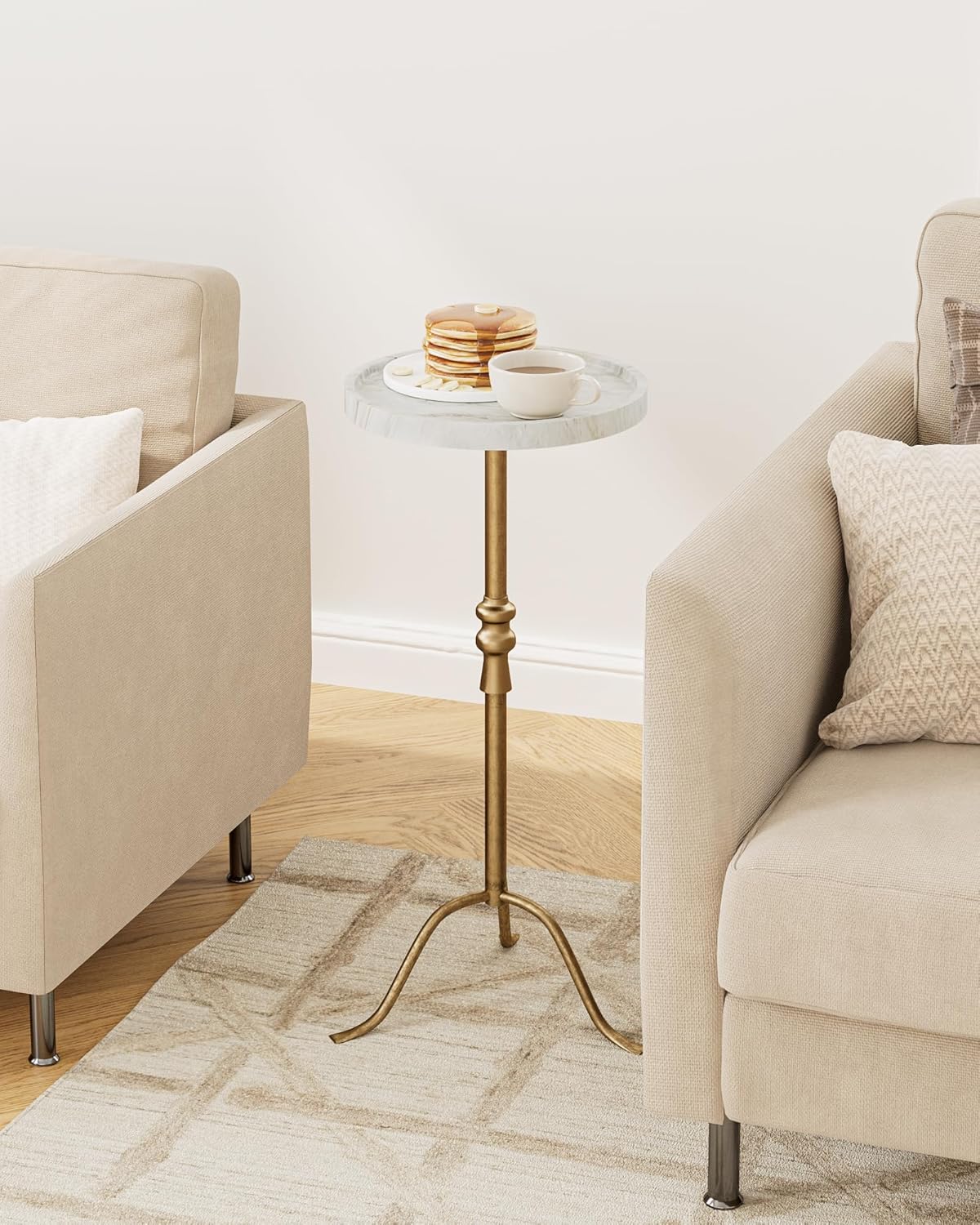 Brass Distressed Iron Round Pedestal End Table, 25 Inch Vintage Martini Cocktail Accent Table with Tray Top for Living Room, Bedroom (White Marble)