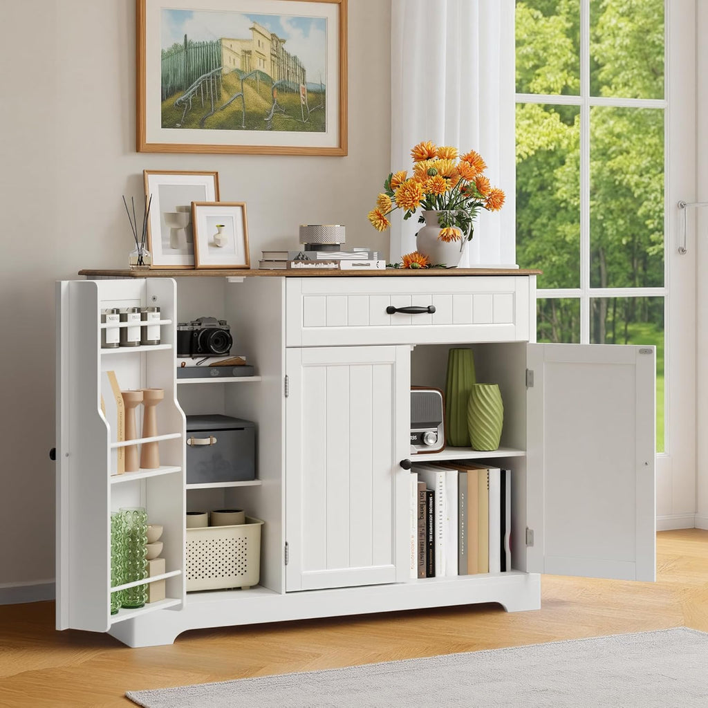 Ahomly Buffet Cabinet, Coffee Bar, Sideboard Cabinet with Internal Storage Shelf for Dining Room, Kitchen, Living Room, Kitchen and Laundry Room,White and Rustic