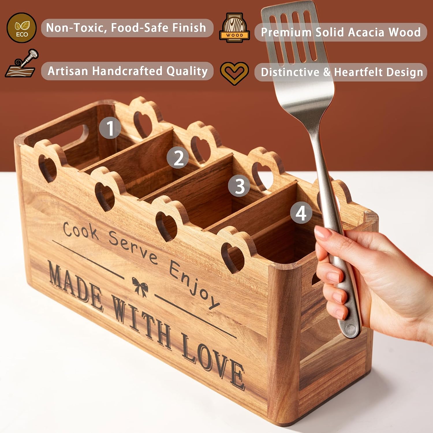 Kitchen Utensil Holder, Large Acacia Wood Organizer for Countertop | Extra Large Farmhouse Style with 4 Compartments, Rustic Wooden Storage for Cooking Tools & Cutlery