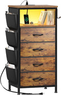 EnHomee LED Nightstand with Charging Station, Bedside Table with Fabric Drawers and Storage Shelf, Sturdy Steel Frame, Wood Top, Cloth Bags, Hooks, Brown