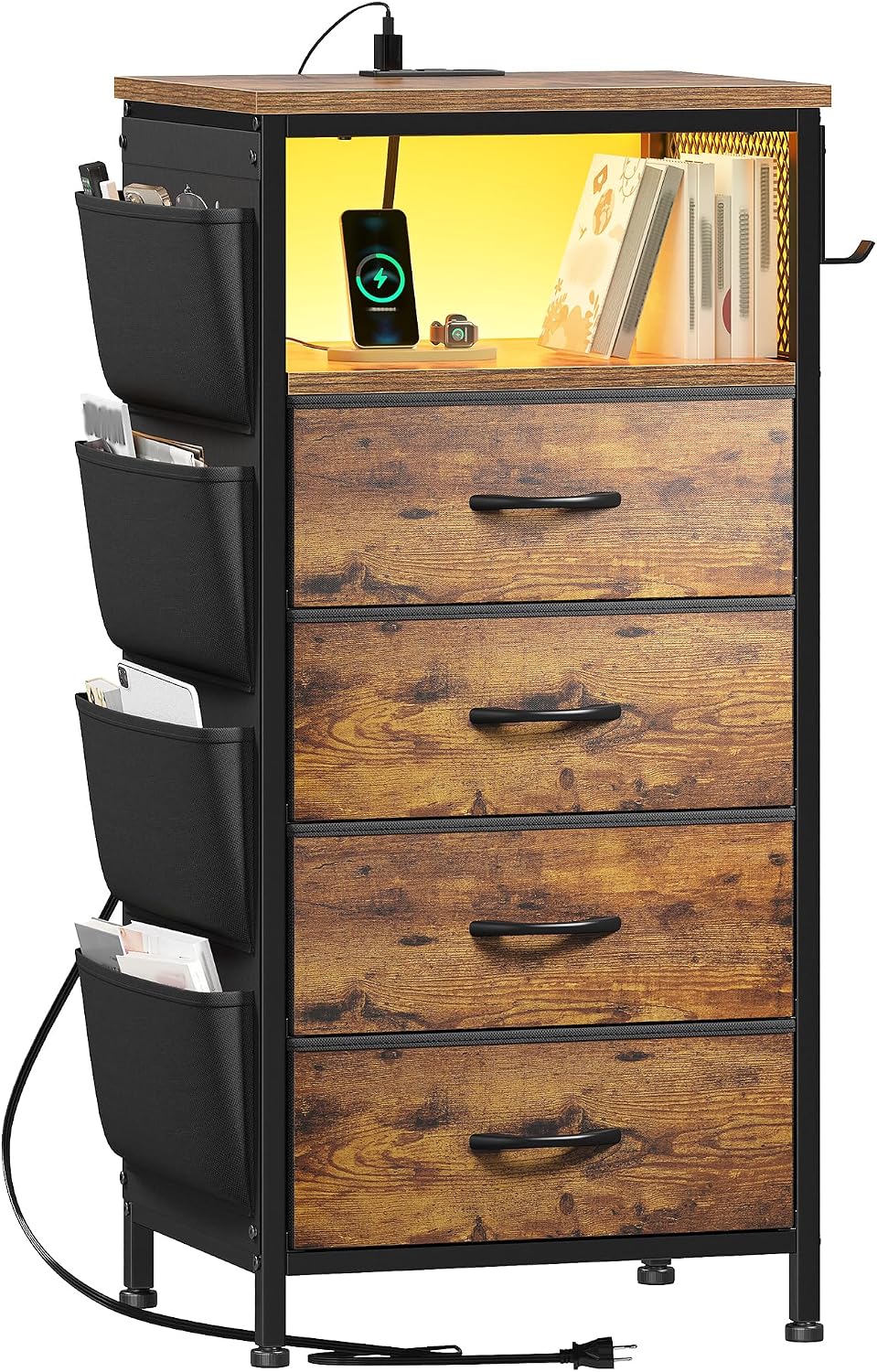 EnHomee LED Nightstand with Charging Station, Bedside Table with Fabric Drawers and Storage Shelf, Sturdy Steel Frame, Wood Top, Cloth Bags, Hooks, Brown