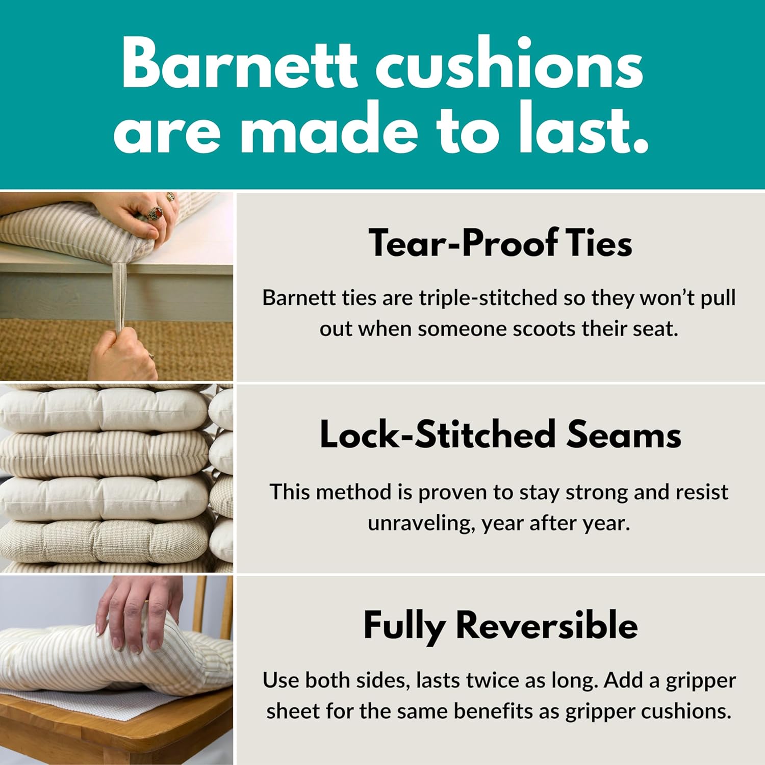 Barnett Home Decor Chair Cushions for Dining Chairs - 15x17 Kitchen Chair Cushions - Machine Washable, 100% Cotton - Made in USA - Latex Foam Comfort Chair Pads - Ticking Stripe Black Small Pack of 4
