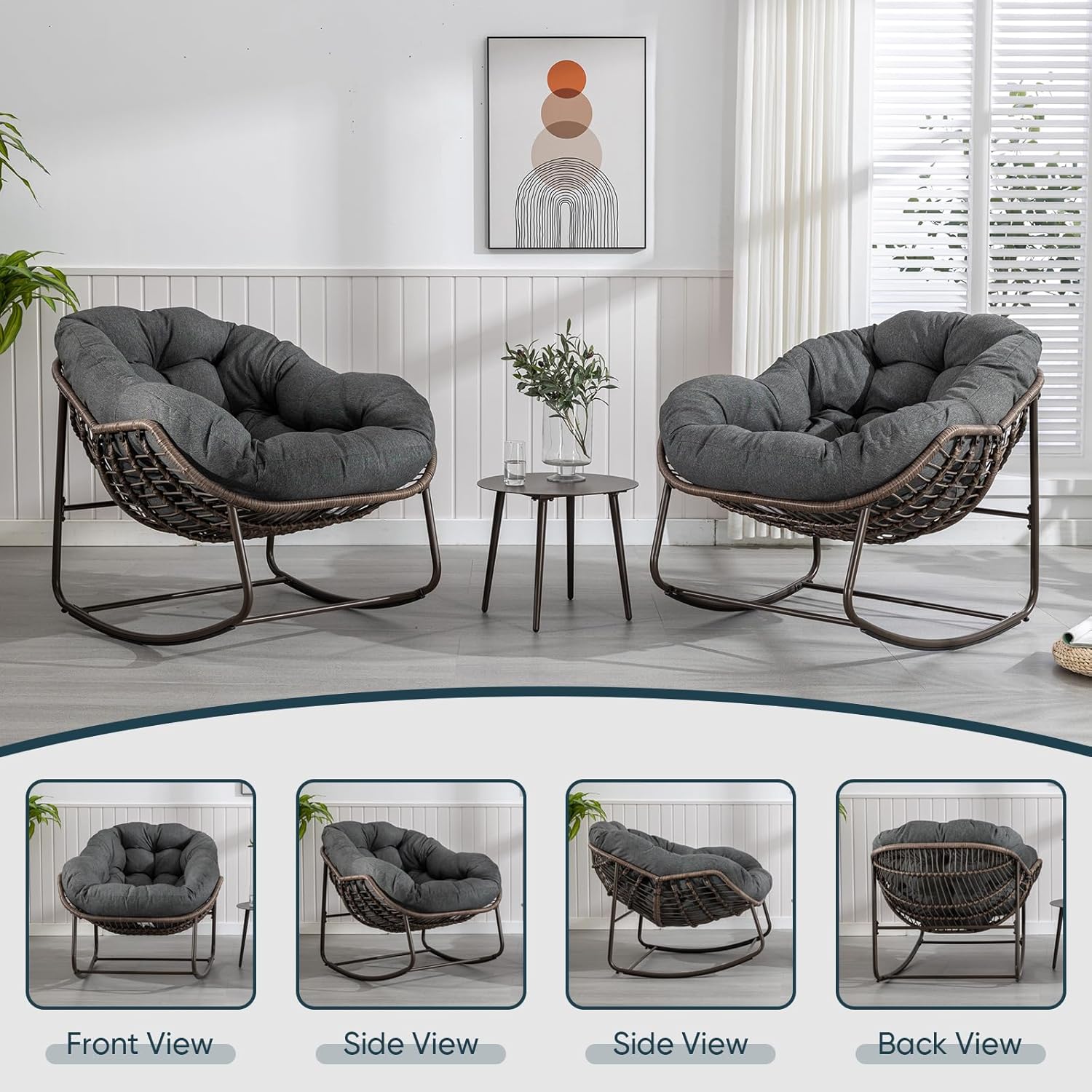 Outdoor Rocking Chair Set of 2, Patio Oversized Wicker Egg Rocking Chair, Indoor & Outdoor Comfy Rocker Chair with Thick Cushion, Modern Lounge Chair for Balcony, Porch, Garden, Backyard, Deck, Grey