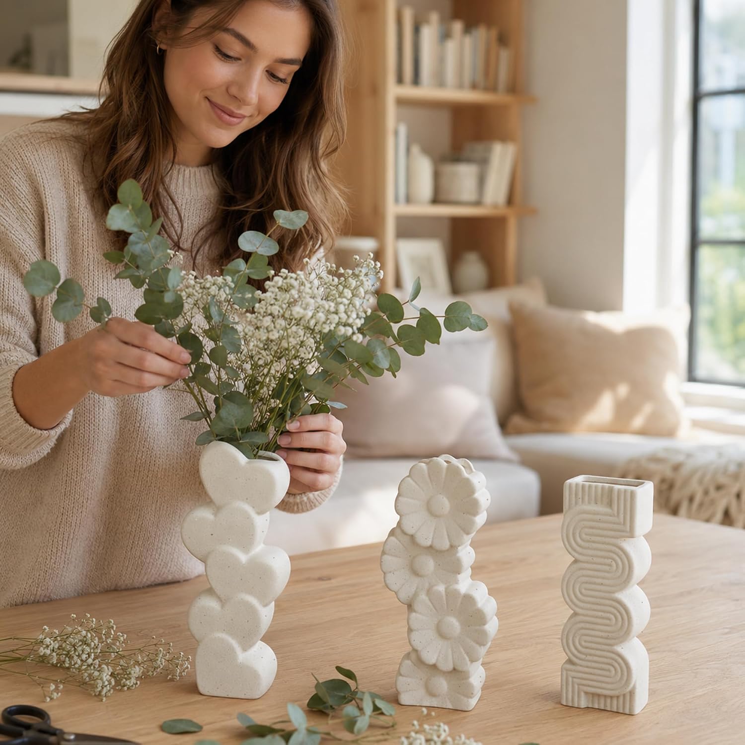 White Ceramic Flower Vases Table Decor Heart Shaped Vase Set of 3 | Nordic Heart Shaped Vases Minimalist Decorative Vase for Table Centerpiece Wedding Dining Living Room Office House Decoration