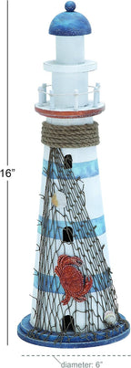 Deco 79 Wood Light House Decorative Sculpture Home Decor Statue with Netting, Accent Figurine 7" x 7" x 16", White