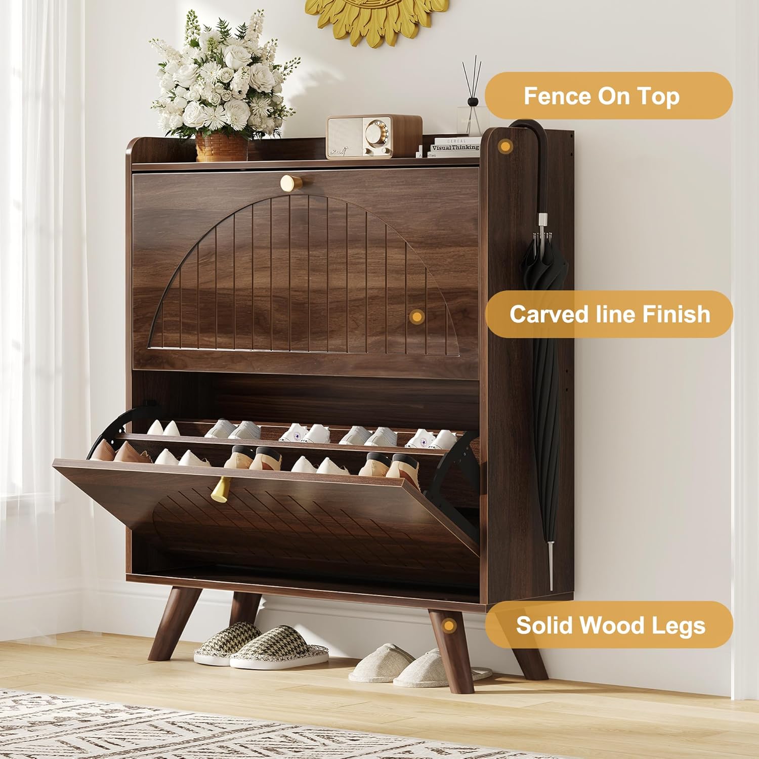 Decofy 37.6” Shoe Cabinet with 2 flip-Down Drawers, Three Adjustable Levels, Suitable for entryway, Hallway, and Living Room (Walnut)