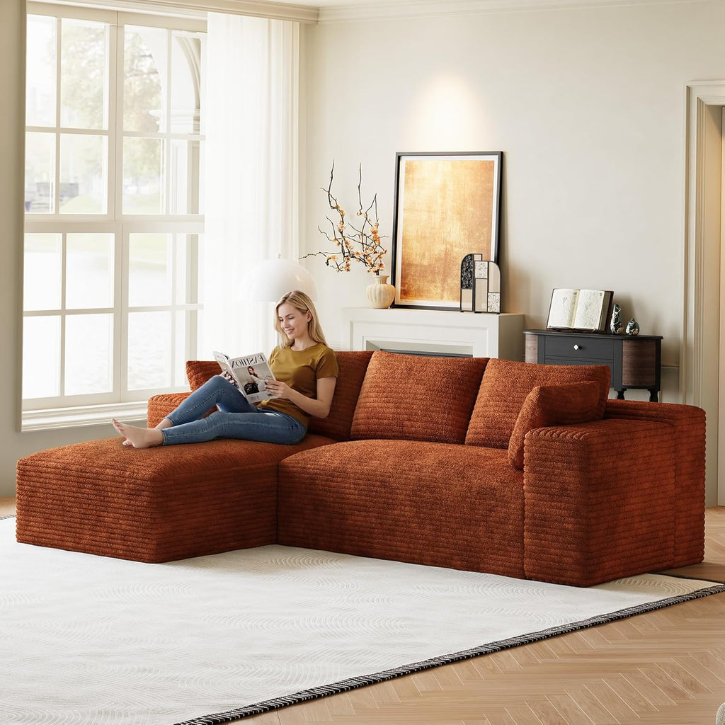 Cloud Sectional Couch Modular Sectional Sofa, 96" Comfy Fluffy Orange L Shaped Boneless Couches for Living Room, Deep Seat Plush Corduroy Memory Foam Couch with Left Facing Chaise Sofa