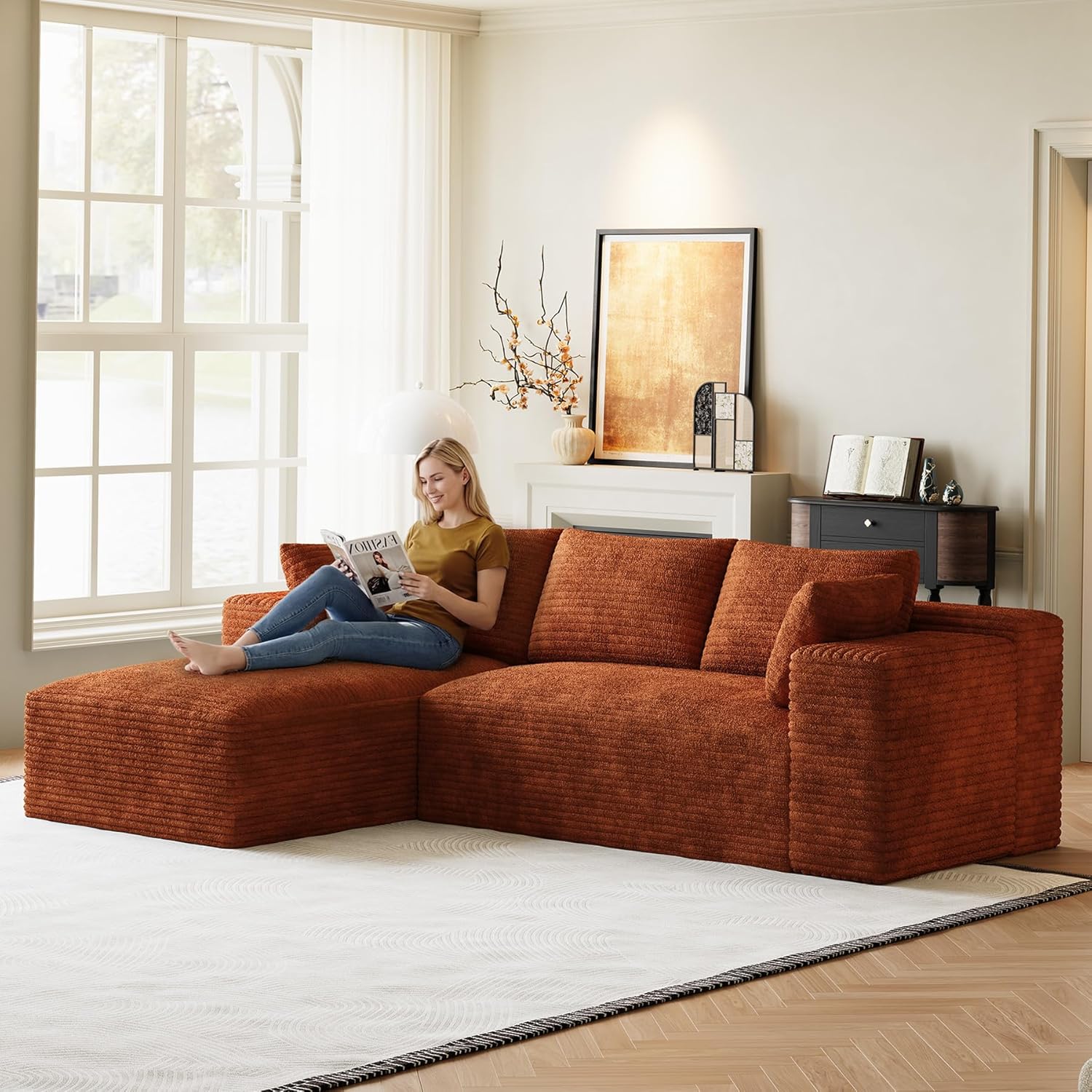 Cloud Sectional Couch Modular Sectional Sofa, 96" Comfy Fluffy Orange L Shaped Boneless Couches for Living Room, Deep Seat Plush Corduroy Memory Foam Couch with Left Facing Chaise Sofa