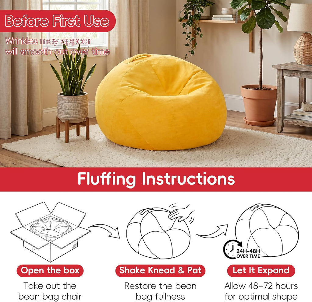 2.5FT Bean Bag Chair for Teens & Youth, Beanbag Chair with High-Density Foam Filling, Soft Chenille Boneless Reading Chair, Cozy Bean Bag for Bedroom, Reading & Dorm(Yellow, 31.5" W x 31.5" D x 20" H)