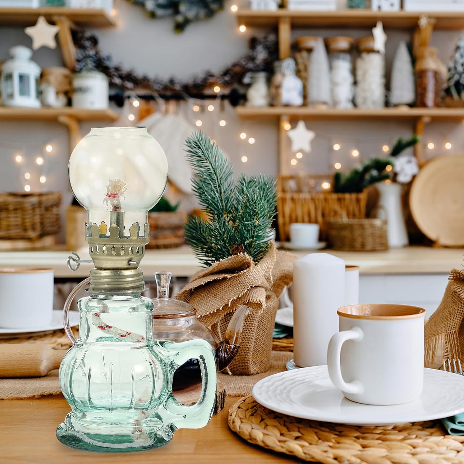 FAVOMOTO Vintage Glass Kerosene Oil Lamp Retro Style Oil Lantern for Indoor Home Décor, Emergency Lighting, Round Teal Lantern