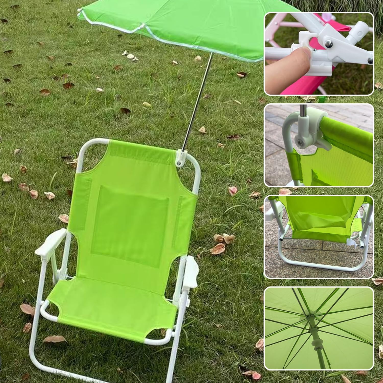 Foldable & Detachable Kids Beach Chair with Umbrella, Lightweight and Sturdy Outdoor Seat with Canopy for Camping, Travel, Lawn Green