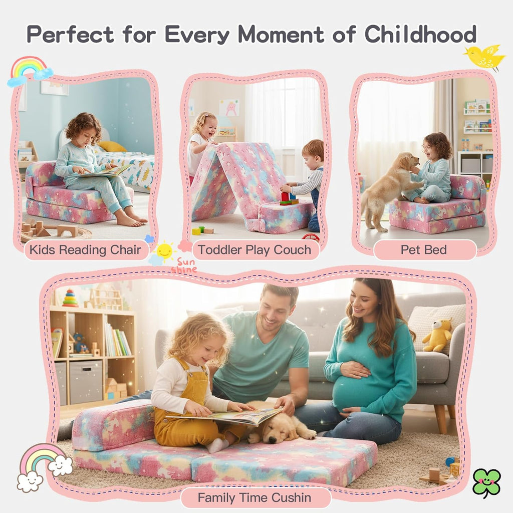 Tiita Folding Sofa Bed for Kids, Toddler Fold Out Couch Bed with Removable Cover, Kids Futon Sleeper Chair Folding Beds Mattress for Children Room, Living Room, Guest Room,Colorful