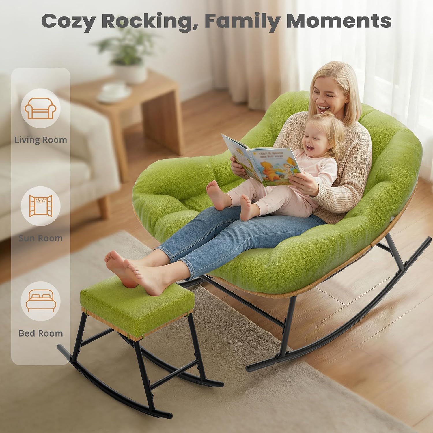 Easyego Oversized Papasan Rocking Chair with Ottoman for Indoor Outdoor Use, Comfortable Wicker Rocker with Cozy Thicken Cushion for Deck, Balcony, Poolside, Lawn, Bedroom, Living Room, Green