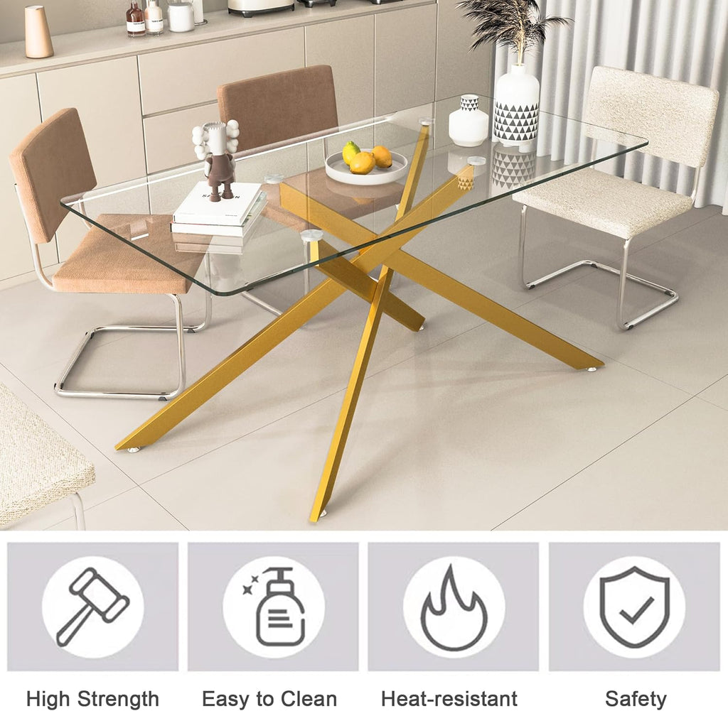 60" Modern Gold Glass Dining Room Table Set for 6, 7-Piece Rectangle Kitchen Dining Table Set with Cross Chrome Metal Legs & 6 Beige Velvet Upholstered Chairs, Kitchen Table and Chairs Set
