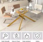 60" Modern Gold Glass Dining Room Table Set for 6, 7-Piece Rectangle Kitchen Dining Table Set with Cross Chrome Metal Legs & 6 Beige Velvet Upholstered Chairs, Kitchen Table and Chairs Set