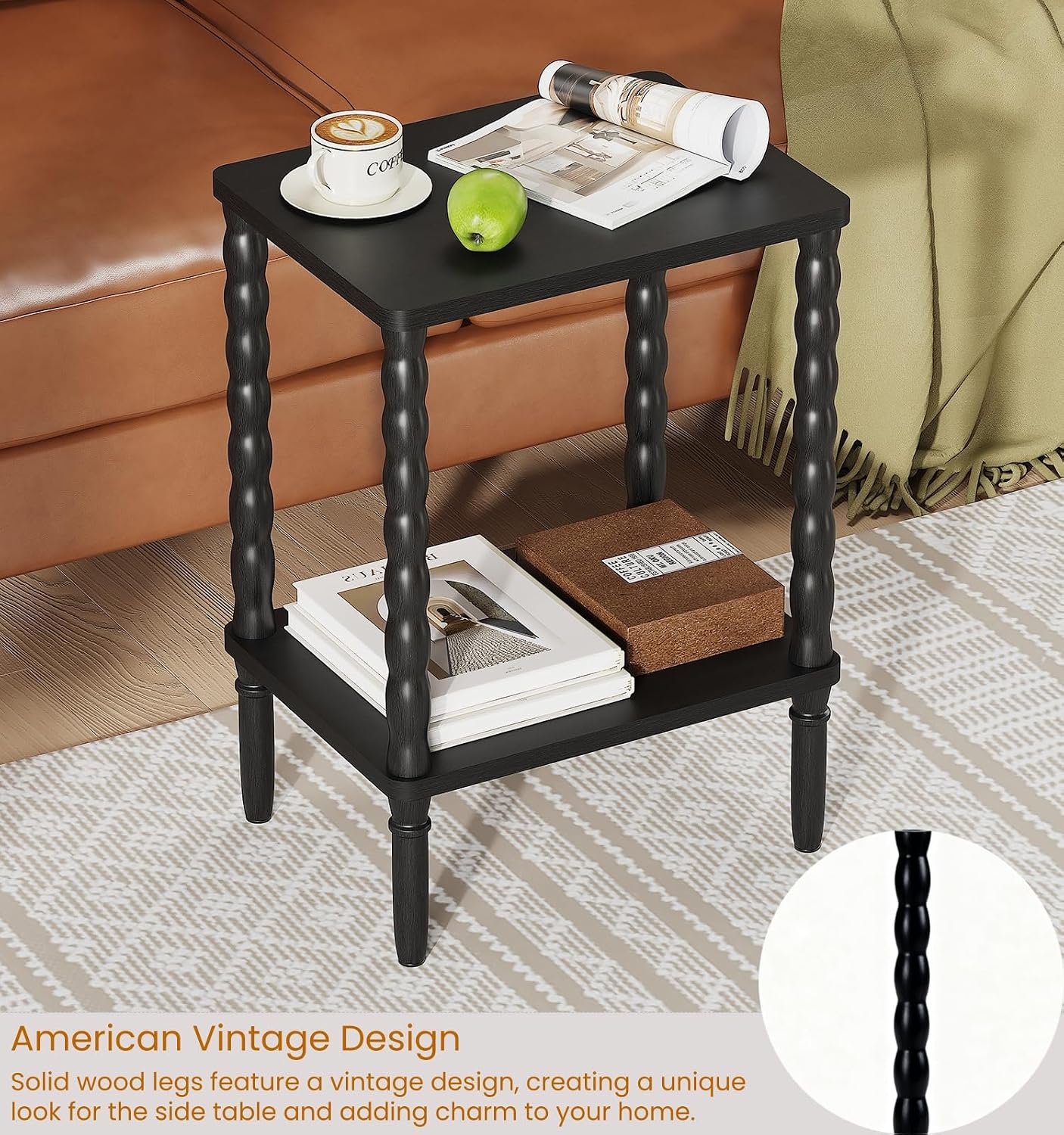 Small Narrow Side Table, Vintage End Table - Skinny Bedside Nightstand for Small Spaces, Couch/Recliner Accent Table for Bedroom Living Room Nursery, No-Tool Assembly (Black)
