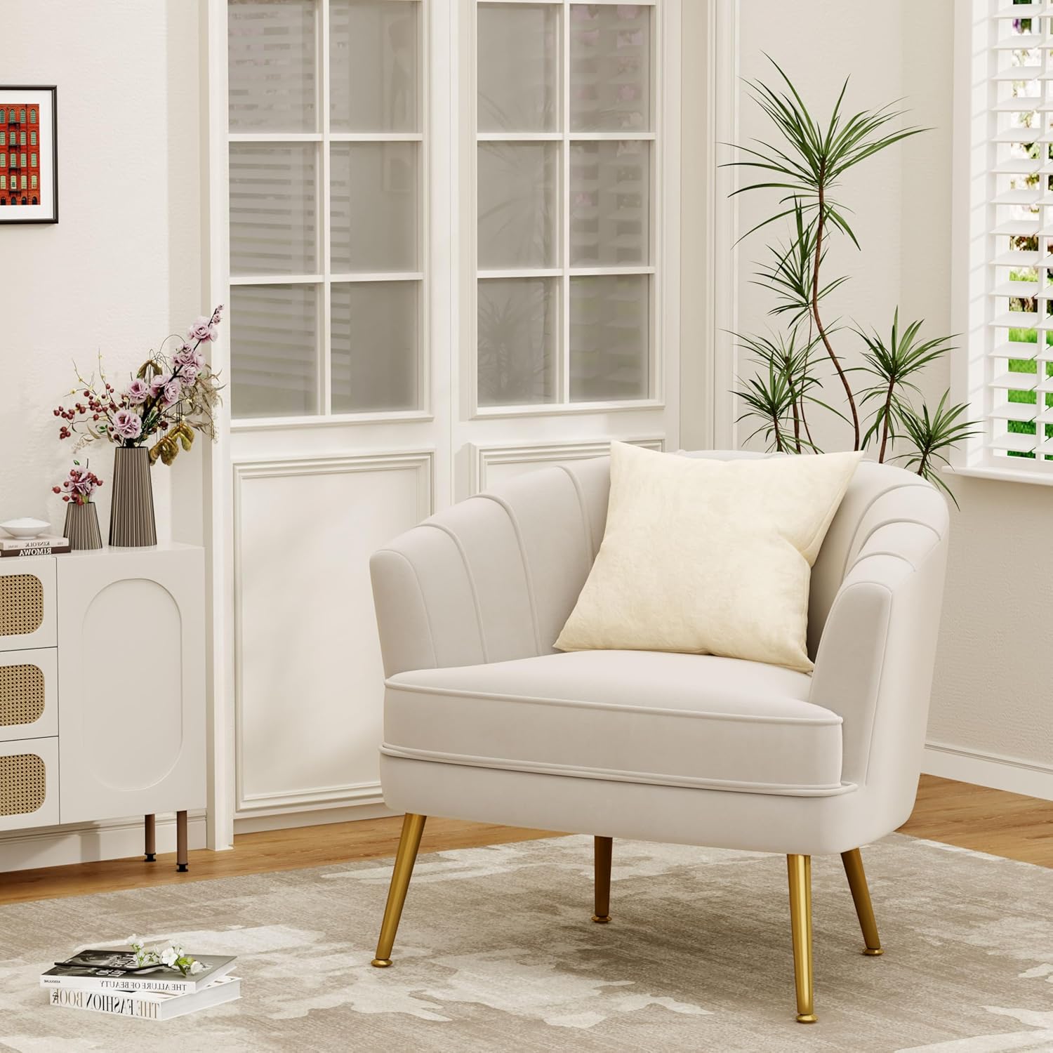 Andeworld Velvet Accent Chair Set of 2, Upholstered Modern Single Sofa Side Chair,Comfy Barrel Club Living Room Armchair with Golden Metal Legs for Bedroom Living Reading Room Office, Beige