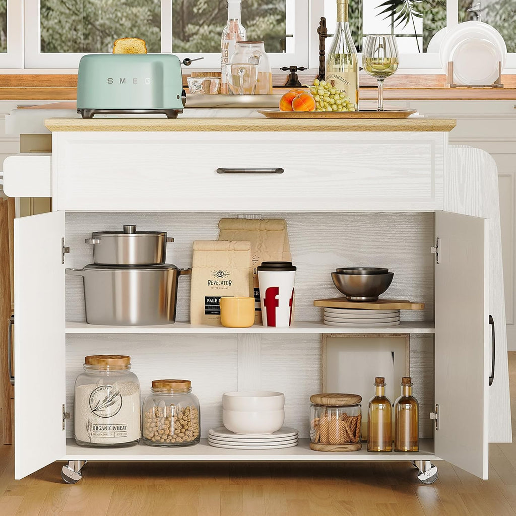 IRONCK Kitchen Island Table with Storage, Rolling Kitchen Cart with Power Outlet, Storage Cabinets on Wheels with Drop Leaf, Portable for Dining Room, White
