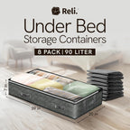 Reli. 90L Under Bed Storage Containers (8 Pack) | Closet Organizer with Clear Window | Underbed Storage Bins for Towels, Sweaters, Linens | Large Organizer for Closet (Gray)