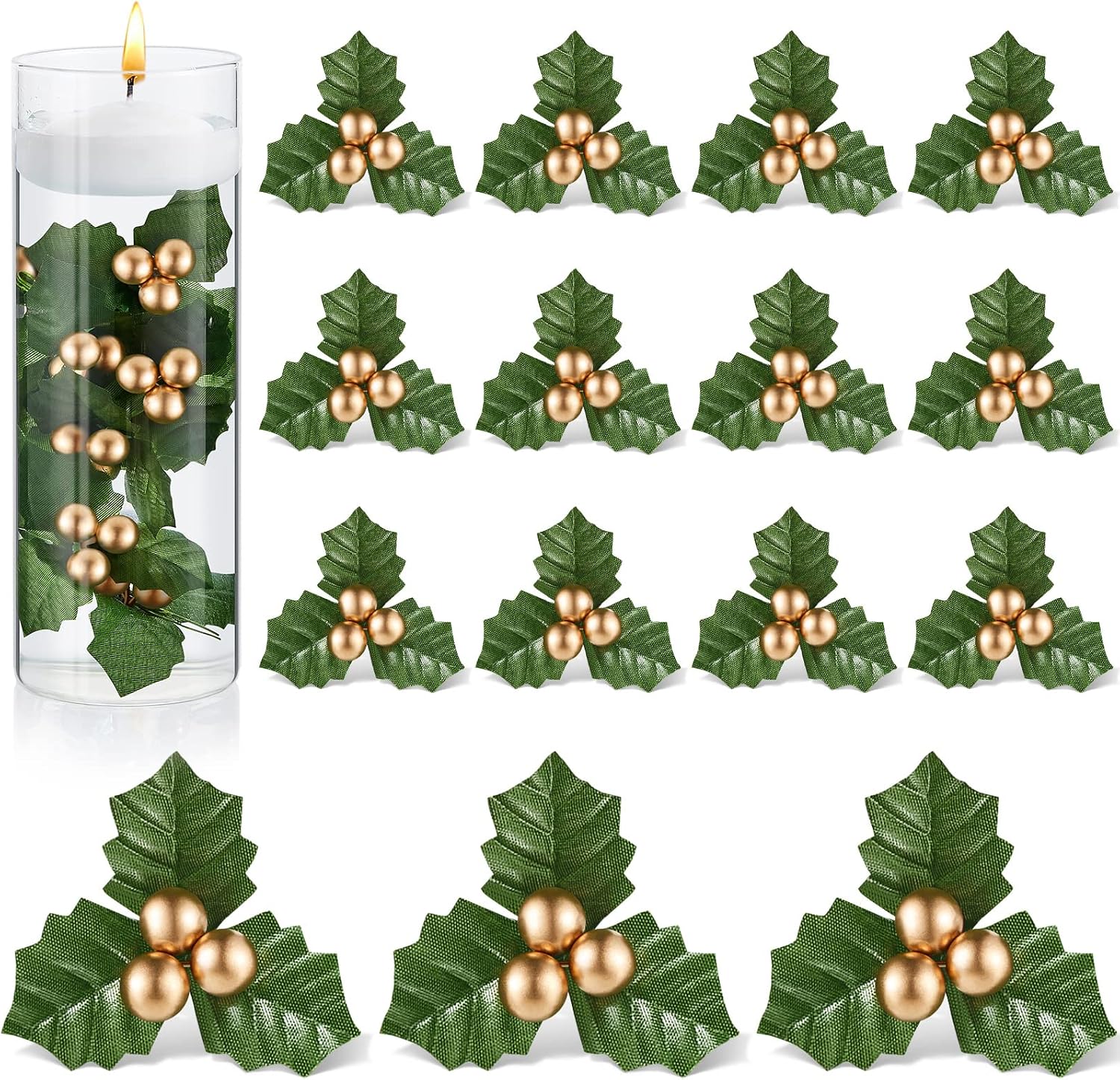 Canlierr 50 Pcs Christmas Holly Berries for Crafts Faux Berries Flowers and Holly Leaves Christmas Wreath Fillers for Vase Fillers Floating Candle Table Centerpiece(Gold)