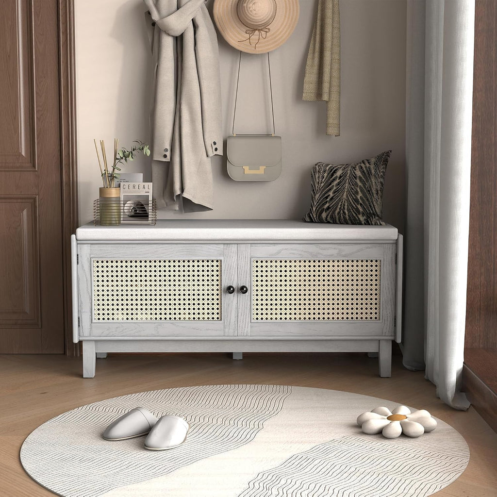 LUMISOL 2-Tier Storage Bench, Rattan Entryway Bench with Storage, Cushioned Shoe Bench with Double Doors for Entryway, Hallway, Grey+Beige