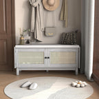 LUMISOL 2-Tier Storage Bench, Rattan Entryway Bench with Storage, Cushioned Shoe Bench with Double Doors for Entryway, Hallway, Grey+Beige