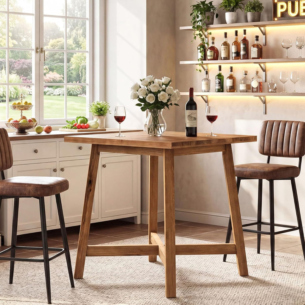 Solid Wood Bar Table, Farmhouse 31.5 Inch Square Counter Height Bistro Table with Footrest, Commercial Pub High Top Cocktail Furniture for Restaurant Cafe Bar, Brown