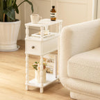 MaxSmeo White Narrow End Table, Small Side Table Living Room, Skinny Bedside Table Nightstand with Drawer for Small Spaces, Bedroom (White)