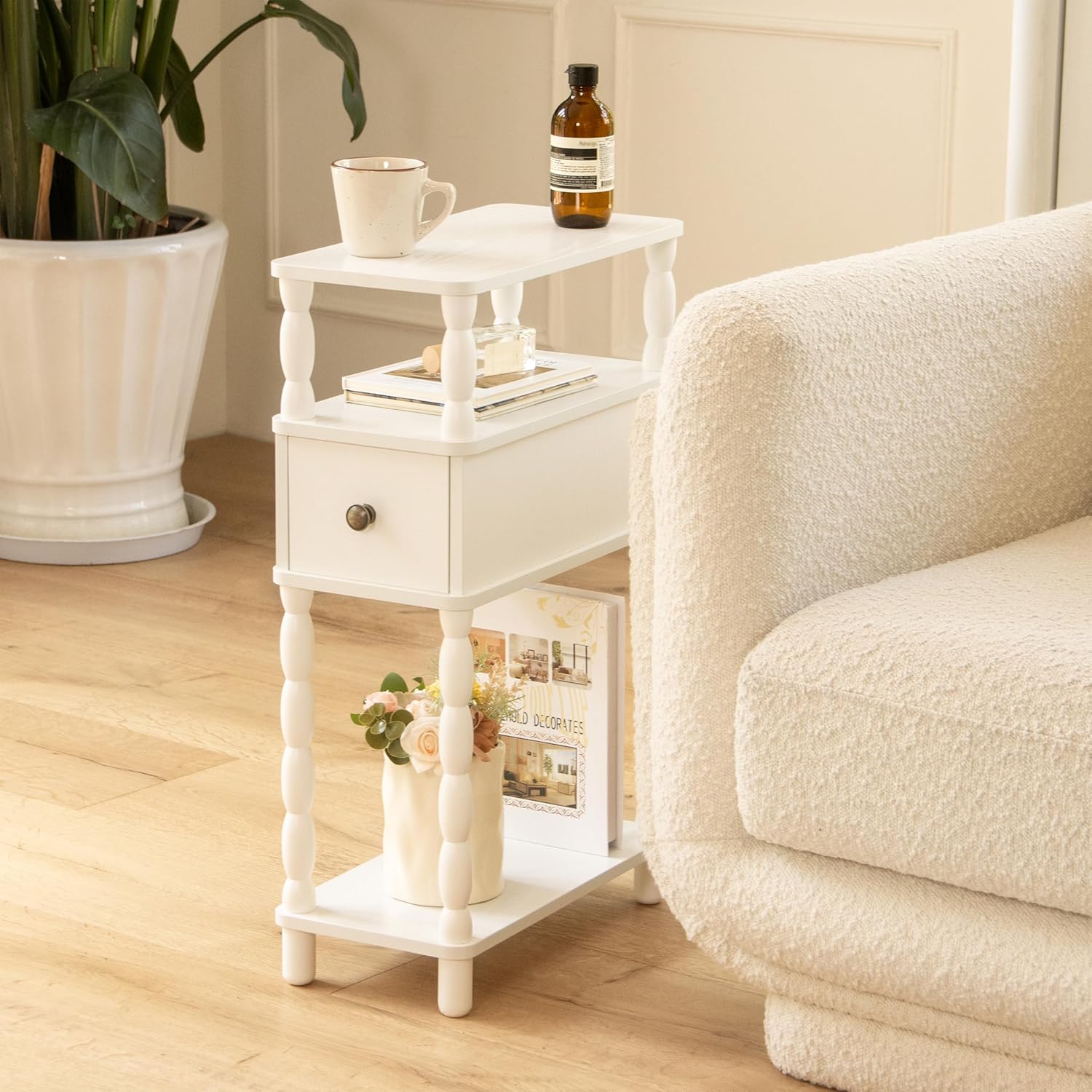MaxSmeo White Narrow End Table, Small Side Table Living Room, Skinny Bedside Table Nightstand with Drawer for Small Spaces, Bedroom (White)
