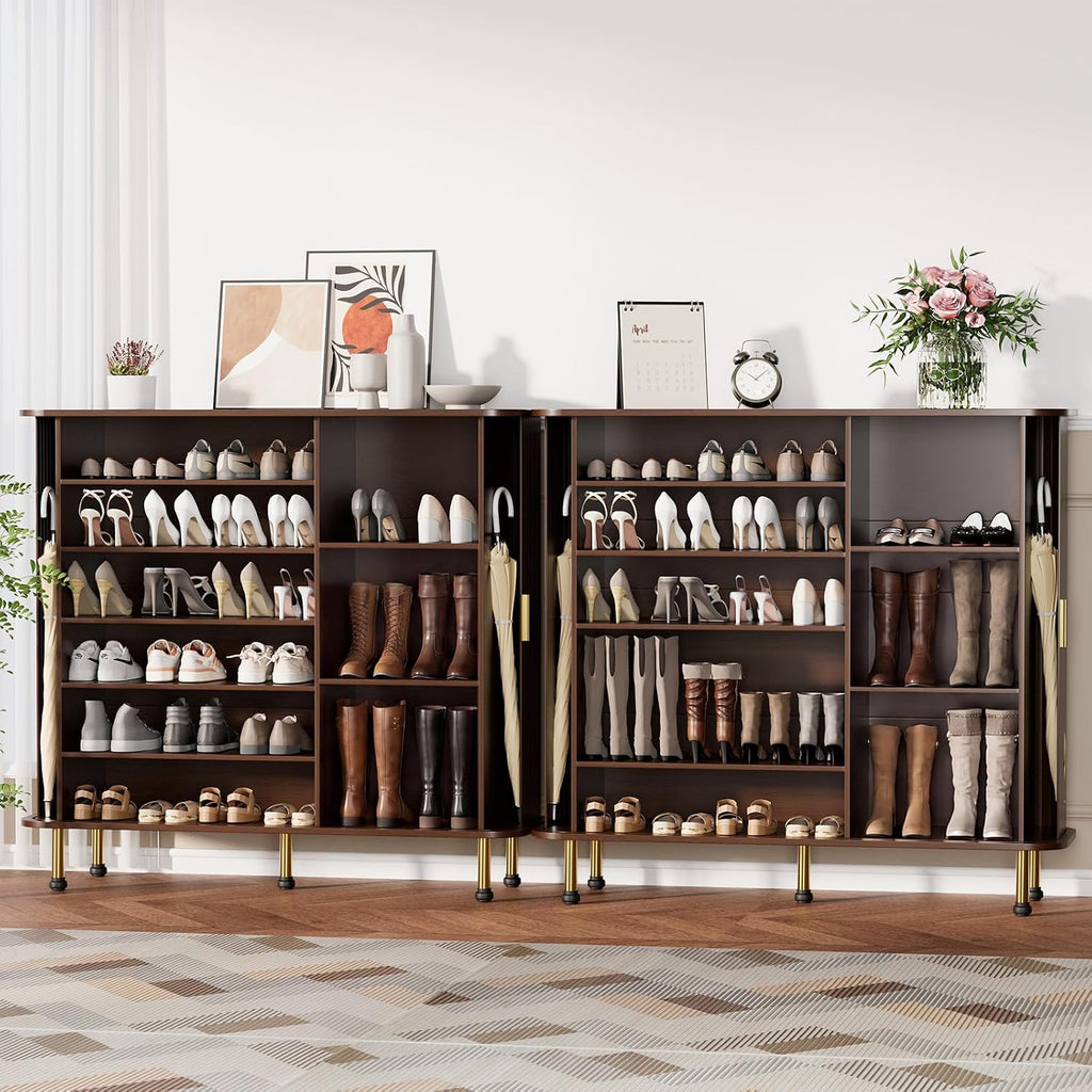 YOLENY 6-Tier 47'' Shoe Cabinet with Sliding Door, Wooden Shoe Storage Cabinet with Adjustable Shelves, Mid-Century Modern Freestanding Shoe Storage Organizer Walnut