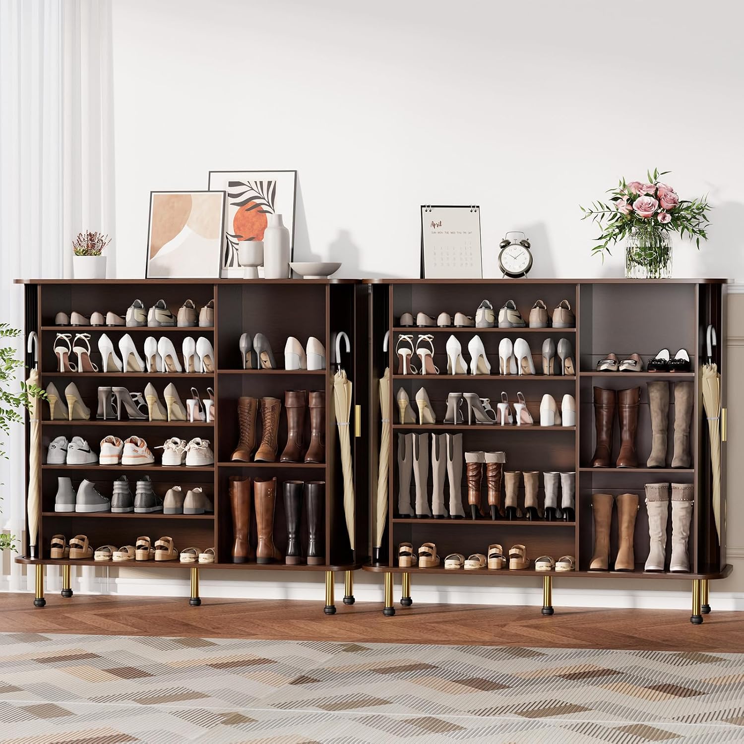 YOLENY 6-Tier 47'' Shoe Cabinet with Sliding Door, Wooden Shoe Storage Cabinet with Adjustable Shelves, Mid-Century Modern Freestanding Shoe Storage Organizer Walnut