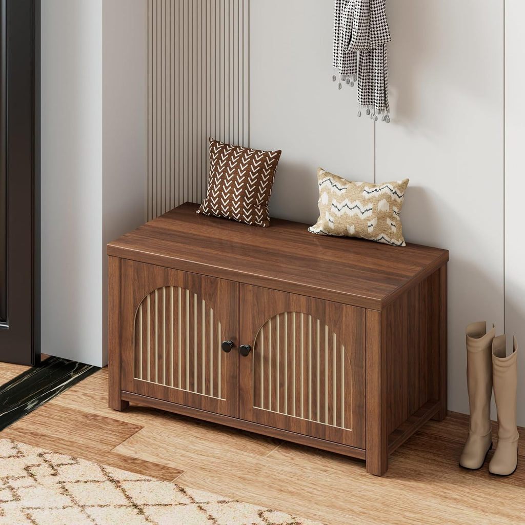 Fluted Storage Bench with Storage, Small Entryway Shoe Bench, Bedroom Storage Bench, Wood Shoe Organizer, Mid Century Modern Cabinet with 2 Doors, Adjustable Shelf, Hallway, Living Room, Walnut