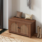 Fluted Storage Bench with Storage, Small Entryway Shoe Bench, Bedroom Storage Bench, Wood Shoe Organizer, Mid Century Modern Cabinet with 2 Doors, Adjustable Shelf, Hallway, Living Room, Walnut