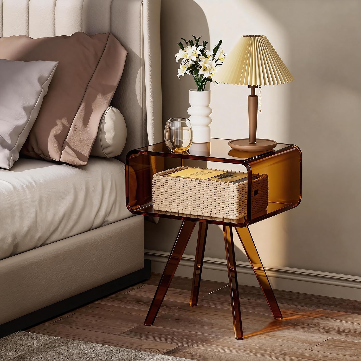 Acrylic Side Table, Acrylic Nightstand Bedside Table for Bedroom (Dark Brown, 16.1'' x 11.8'' x 19.7'')