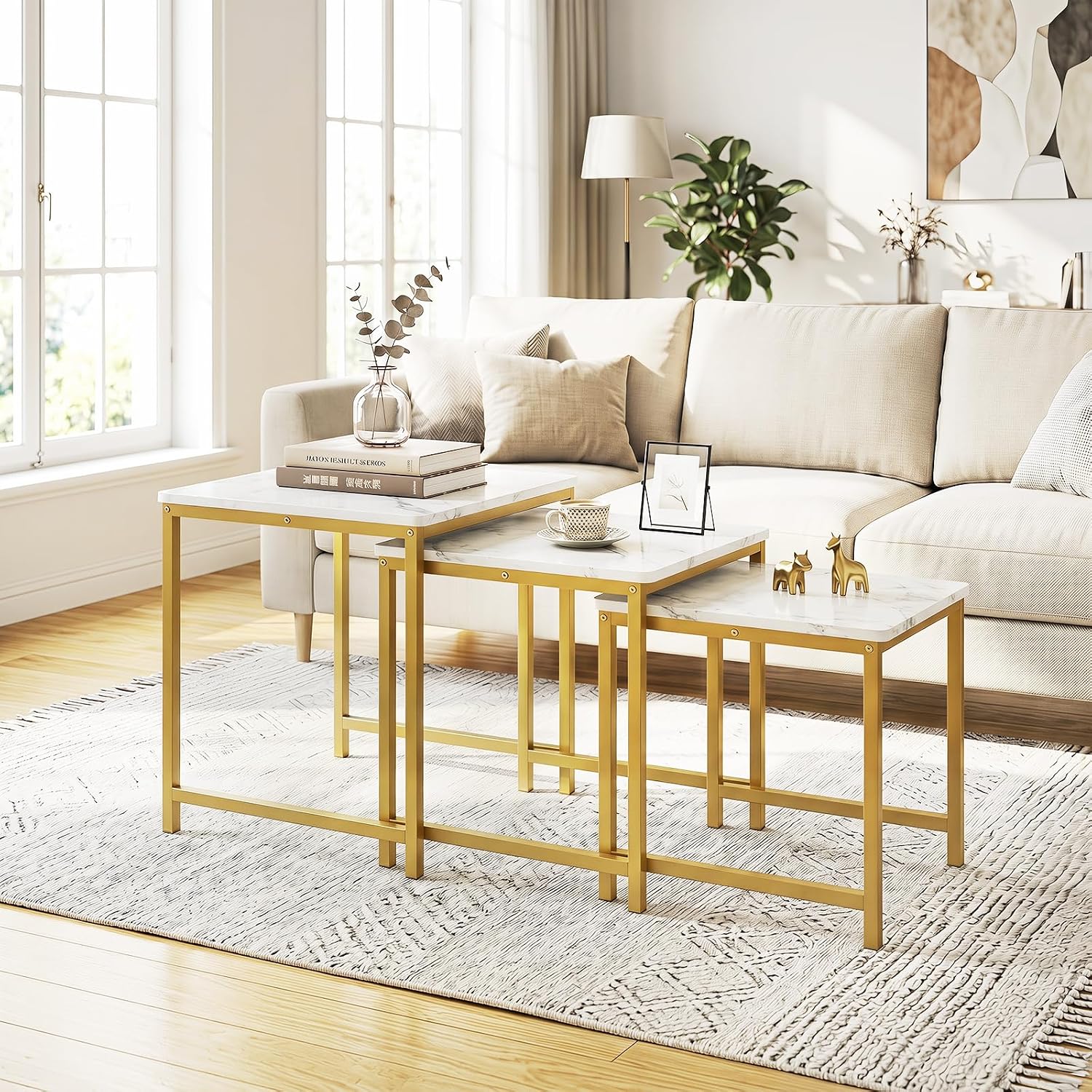 Giantex Nesting Coffee Table Set of 3, Small Center Tables, White | Faux Marble Coffee Table with Metal Frame, Space-Saving Stacking End Table for Small Space