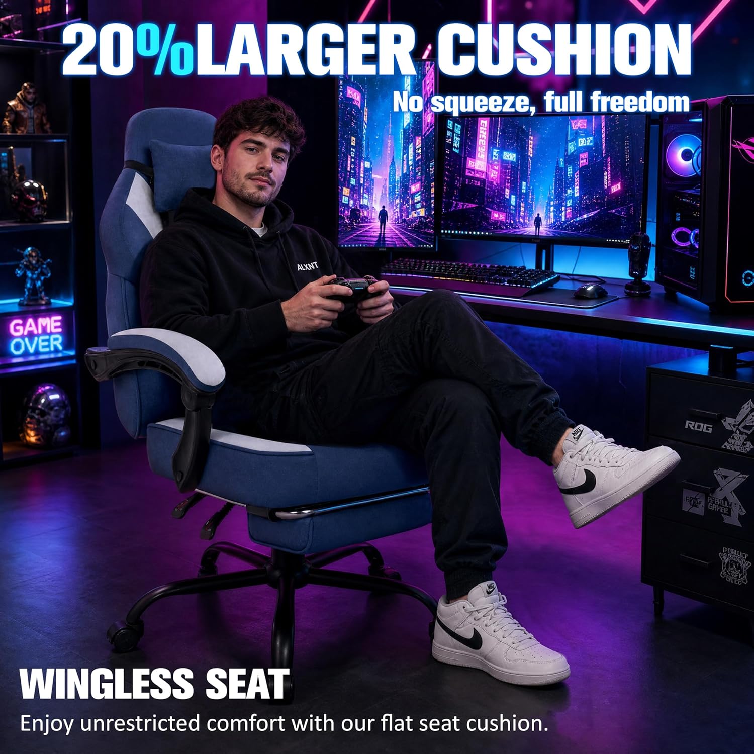 Gaming Chair with Footrest, Gaming Chair for Adults with Massage Lumbar Support, High Back Ergonomic Computer Chair, Breathable Fabric, Pocket Spring Cushion, 150°Reclining & Linkage Armrests, Blue