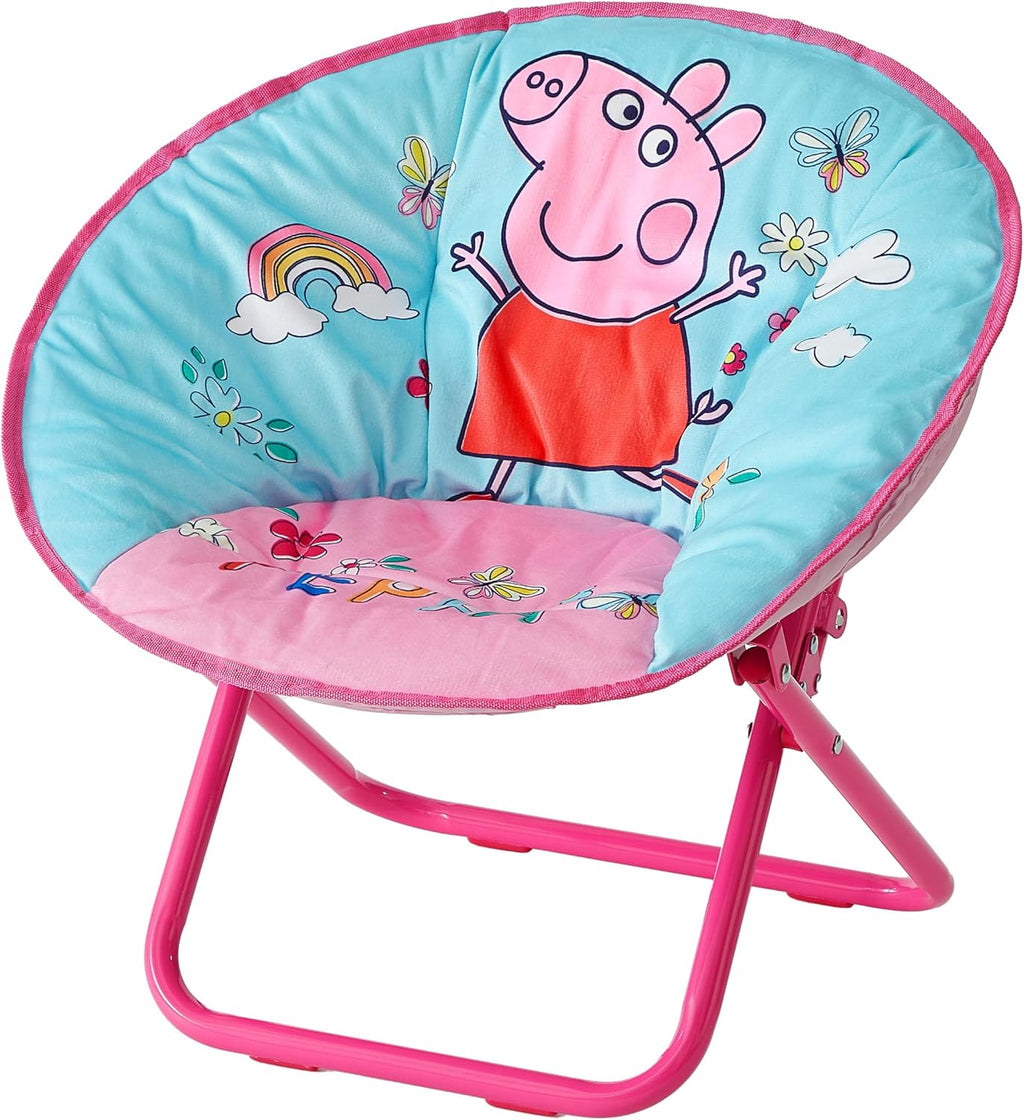 Idea Nuova 19” Folding Saucer Chair for Bedroom, Playroom, or TV Room, Toddler Chair with Foldable Metal Frame, Portable & Comfortable,Ages 3+,Peppa Pig