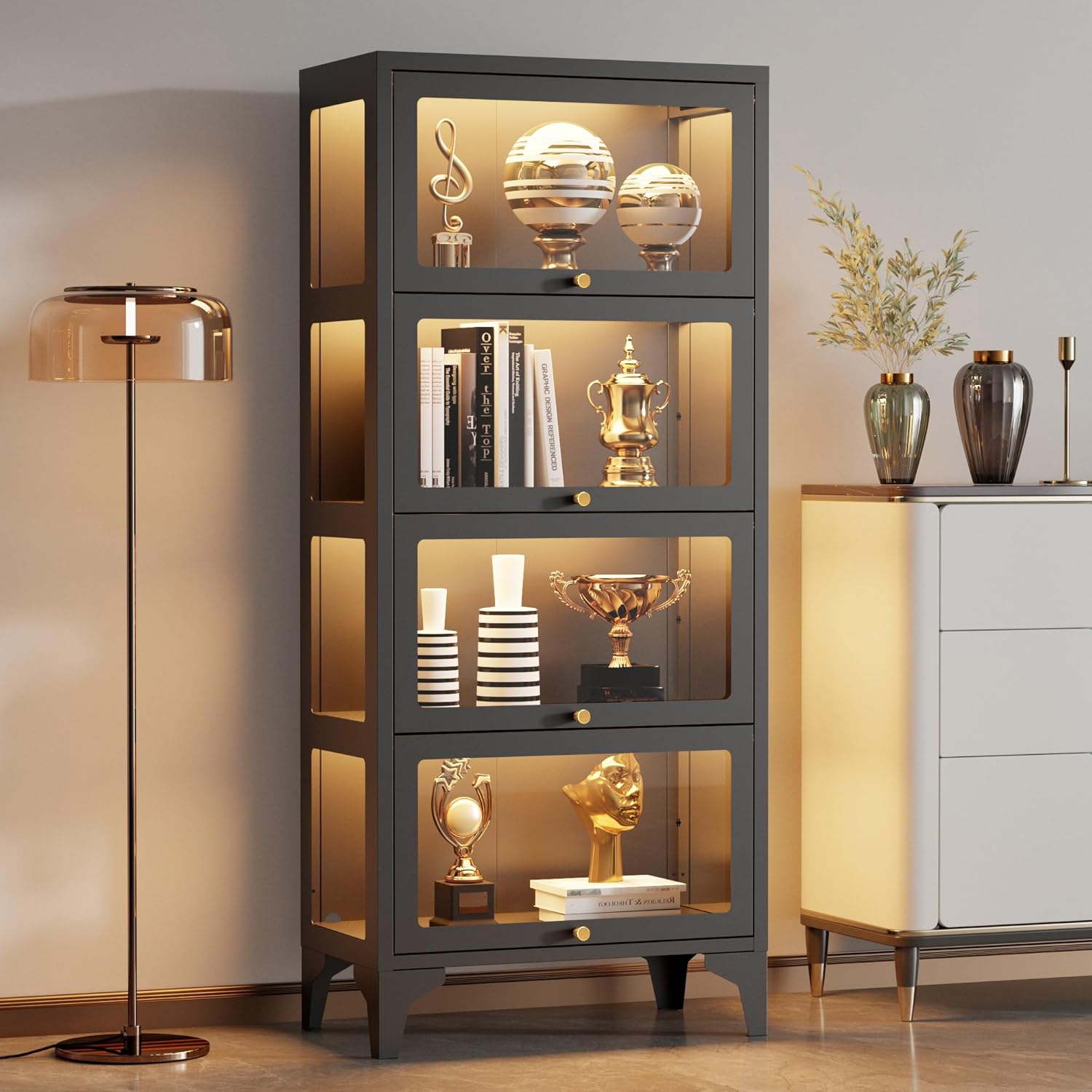 4 Tier Glass Display Cabinet with Flip-Up Doors, 55" Curio Cabinet with 13-Color LED Lights, 3-Side Tempered Glass Metal Display Cabinet for Books, Figures, Collectibles, Black