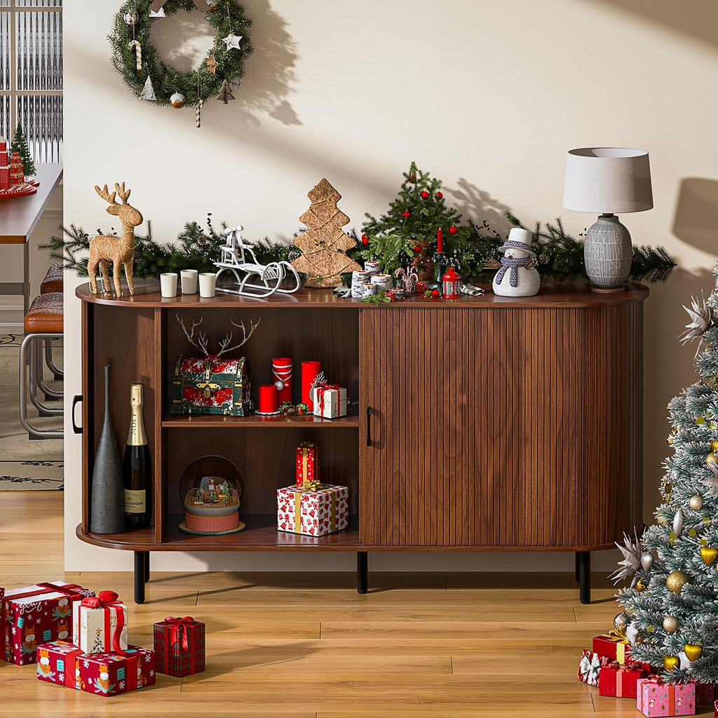 TAVATA Sideboard Buffet Cabinet with Storage, 55" Fluted Storage Cabinet with Tambour Sliding Doors, Wood Coffee Bar Console Table for Living Room Hallway Entryway (Walnut)
