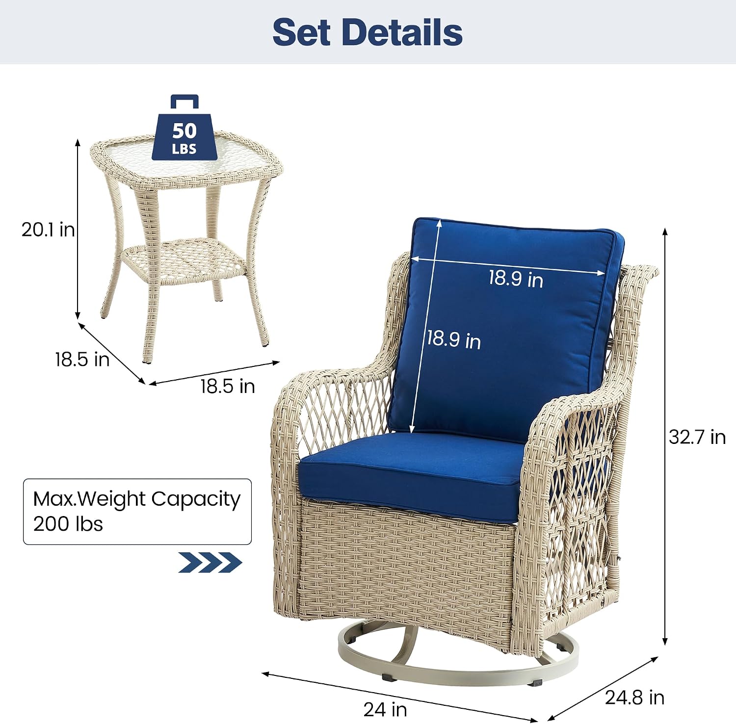 GarveeHome 3 Piece Outdoor Swivel Chair Set with Washable Cushions, 360 Degree Rotating Patio Armchairs, Iron Frame with Rattan Weaving, Compact Seating for Balcony Deck Garden, 4 Color Options