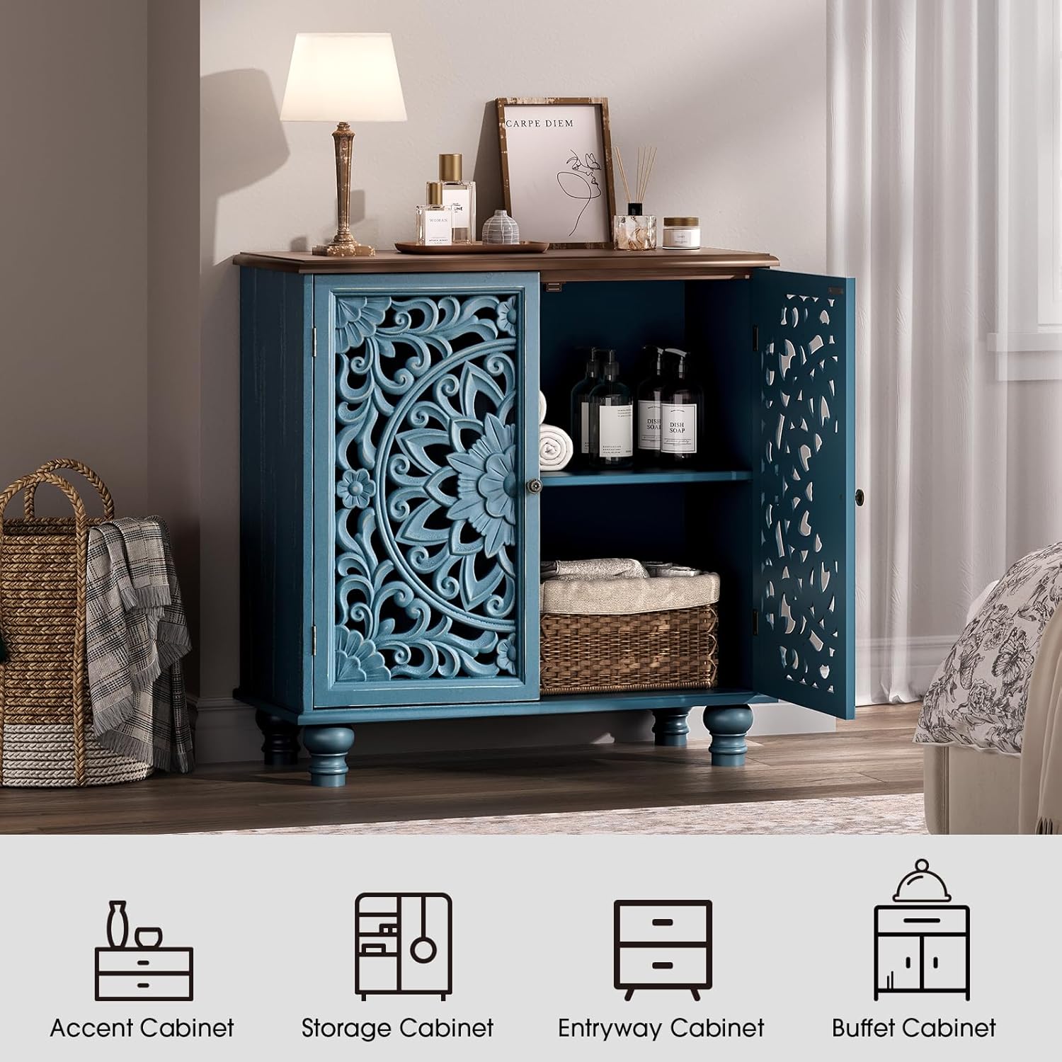 Jiansu furni Sideboard Buffet Cabinet with Storage, 31.6" High Accent Cabinet with 2 Carved Doors, Sturdy Storage Organizer with Solid Wood Bun Feet for Kitchen Coffee Bar, Blue & Walnut