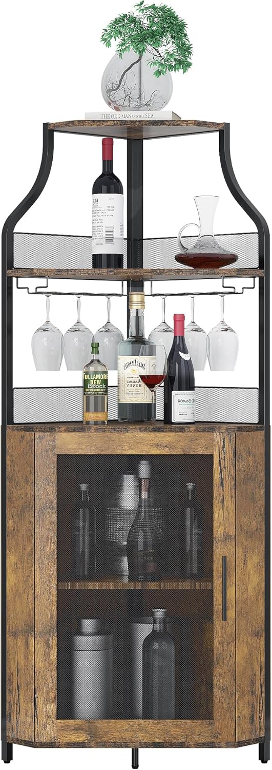 GAOMON Wine Corner Cabinet with Removable Wine Rack, Wine Cabinet and Wine Glass Bar Cabinet with Glass Rack and Mesh Door, Wine Cabinet with Reasonable Functional Partitioning (Retro Brown)