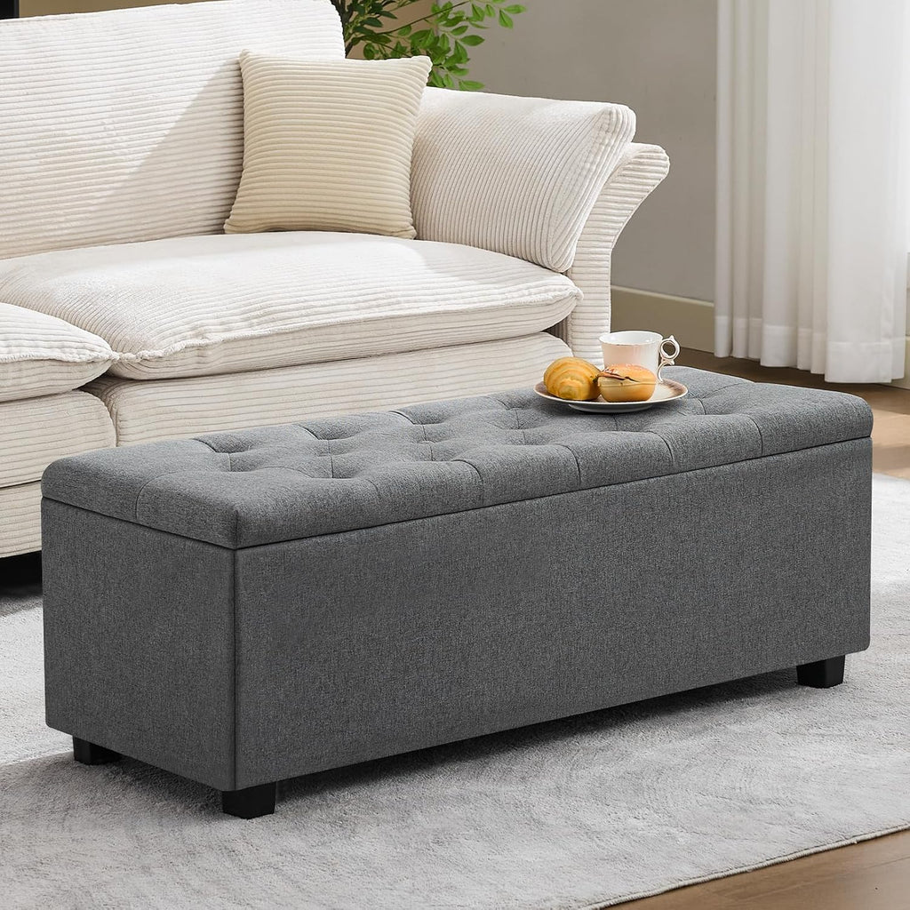 43" Ottoman with Storage and Sturdy Metal Frame, Tufted Upholstered Storage Bench, Modern Footboard Hideaway Chest with Removable Lid and Footrest for Living Room, Entryway (Dark Gray)