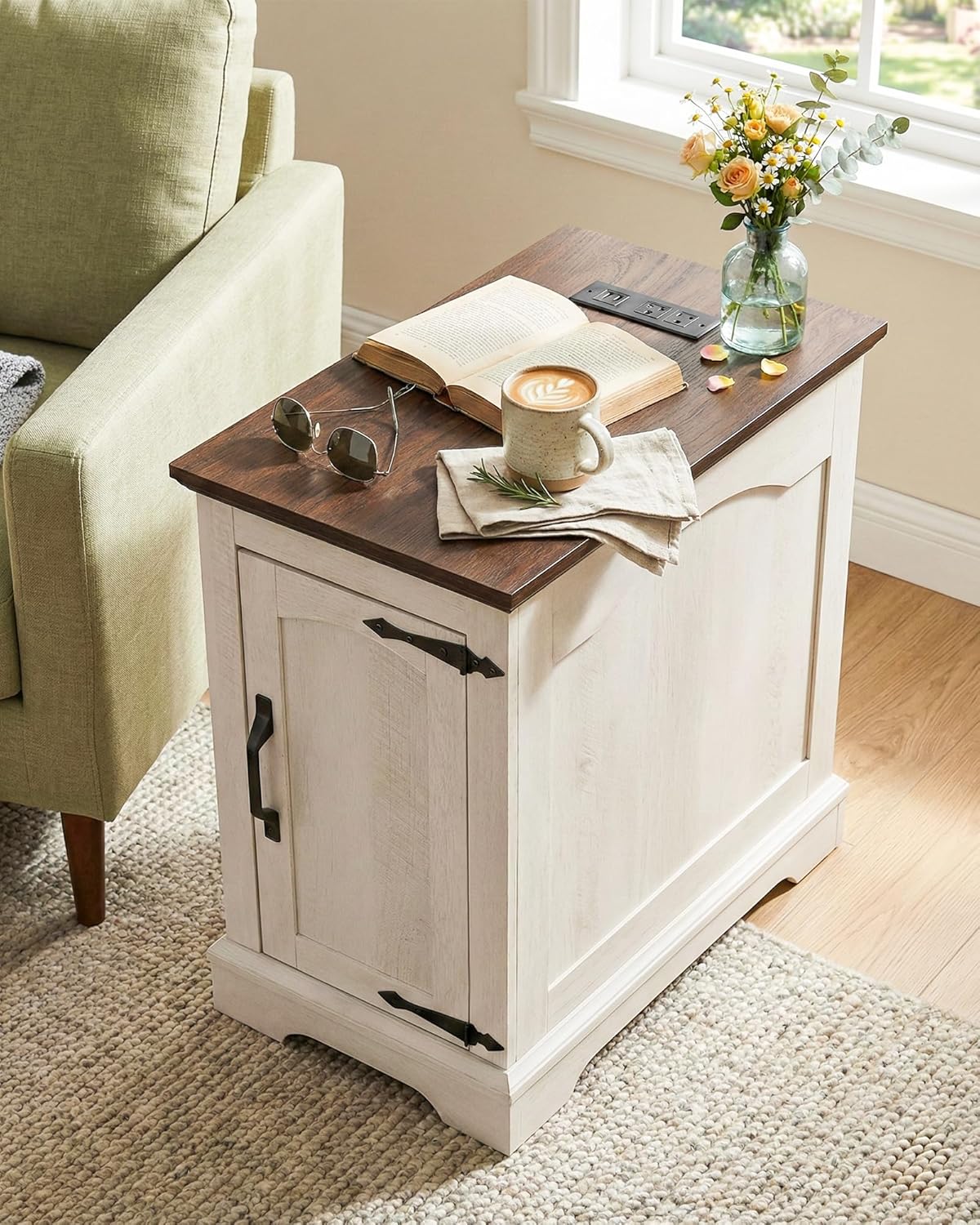 Farmhouse End Table with Charging Station, Narrow Side Table for Living Room, Rustic Wood Sofa Side Table with Storage Cabinet,Small Nightstand for Bedroom Home Office (White)